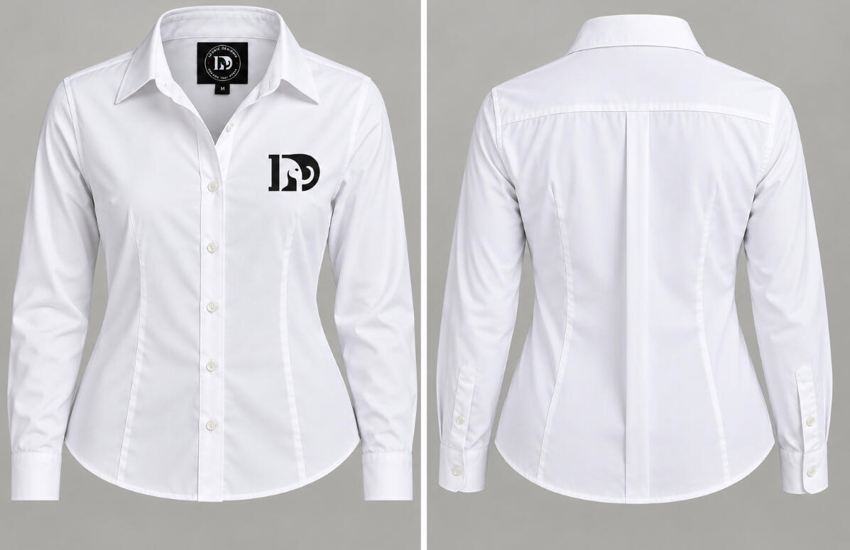Front and back views of a white women’s button-up blouse featuring the Iconic Designs logo on the chest.